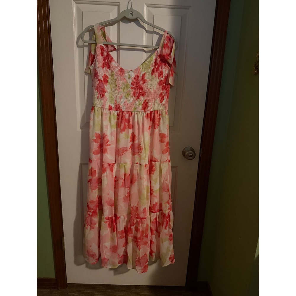 White Birch Floral Smocked Maxi Dress XL Pink Green Tiered Tie Shoulder D90911XL